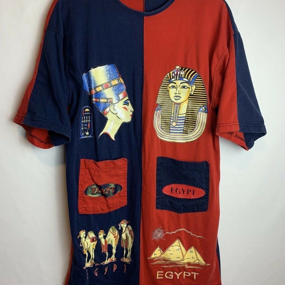 Cotton Club Made In Egypt Split Navy Blue Red Split Pharaoh Sleep T-Shirt Large